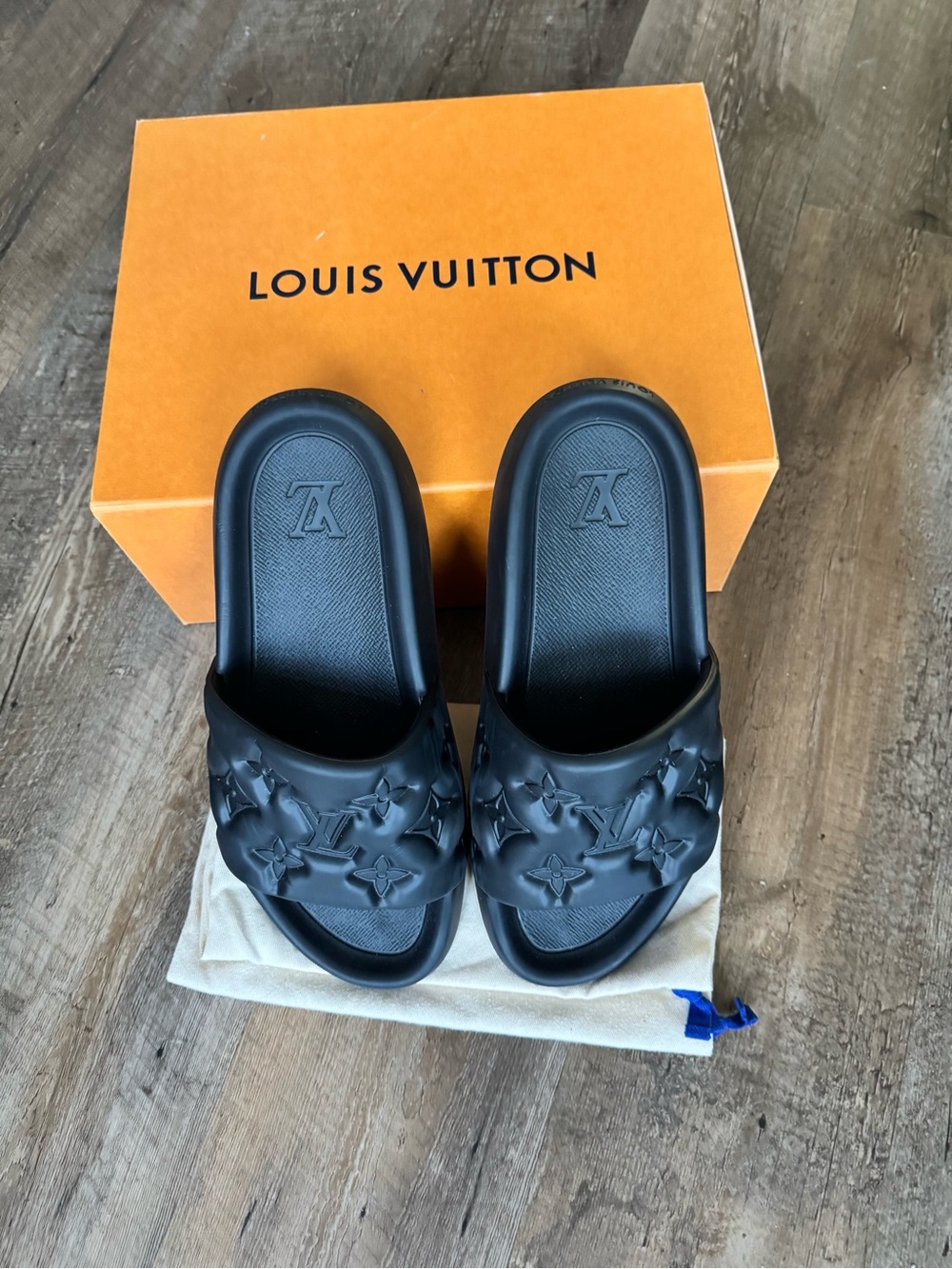 Louis Vuitton Black Embossed Monogram Slide Sandals